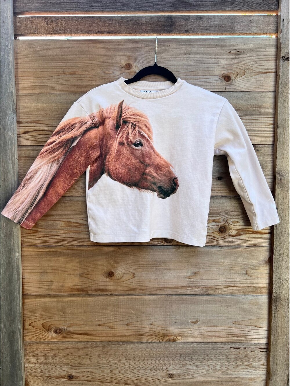 Molo Kids Long Sleeve Shirt with Horse Print, Size 6-7 Years, Light Pink